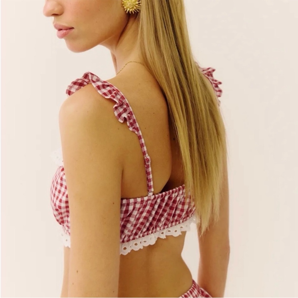 Reformation Red and White Gingham Ruffle Romee Cropped Top - Picture 2 of 4